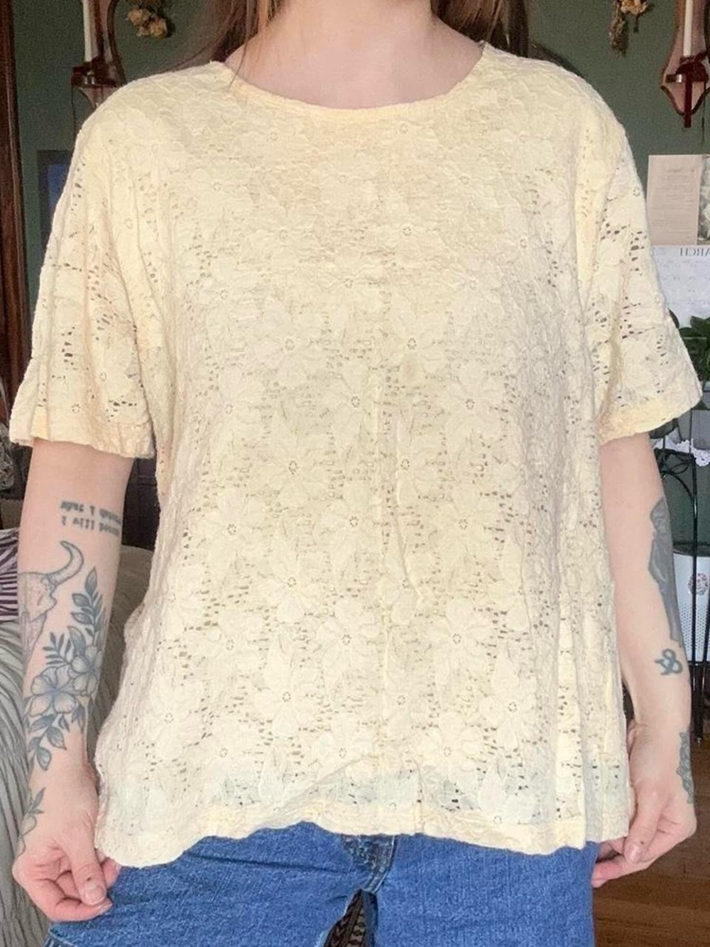 Appleseed's Pale Yellow Lace Short Sleeve Top